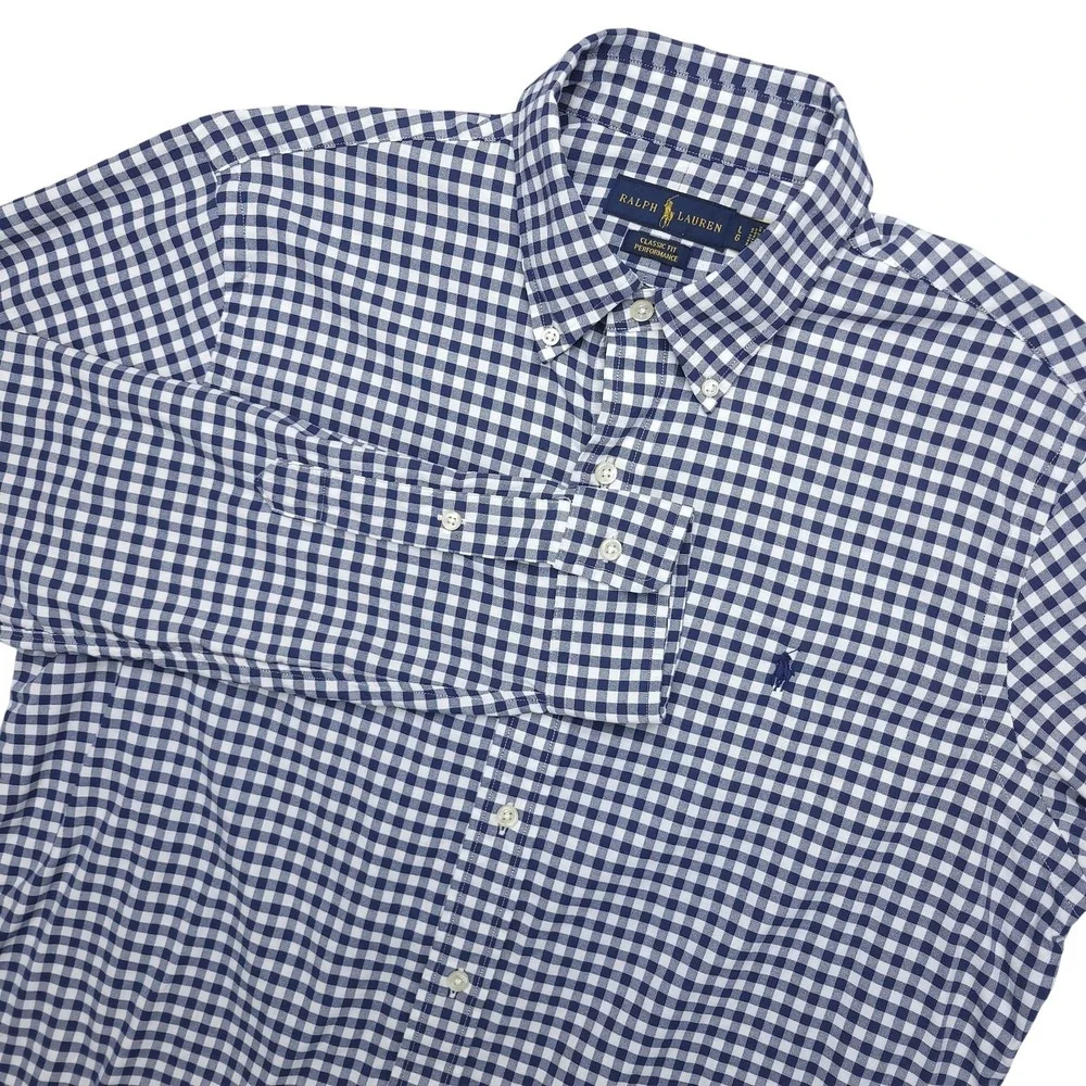 Ralph Lauren Classic Fit Performance Shirt Mens Large Blue‎ Check Long Sleeve